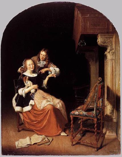 Pieter Cornelisz. van Slingelandt Lady with a Pet Dog Norge oil painting art